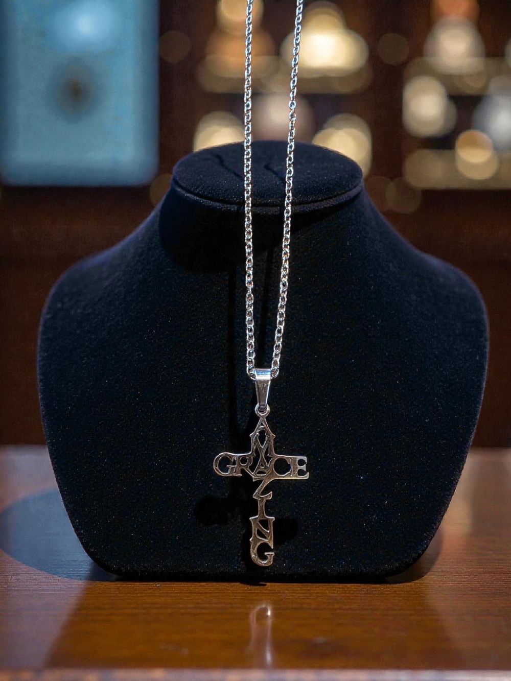 Silver Amazing Grace Cross Pendant Necklace Christian